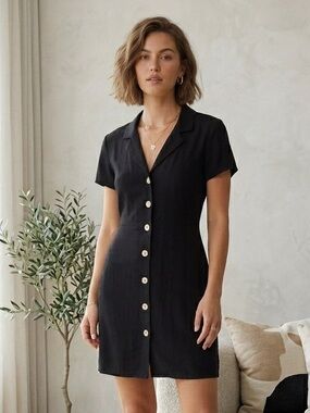 Aritzia Wilfred Sz XS Black Button Front Minimalist Mini Dress